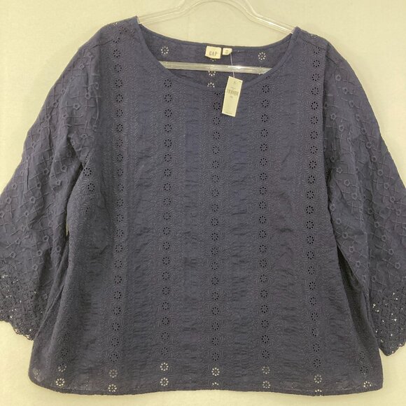 New GAP size XXL Navy Clip Dot Embroidered Eyelet Feminine Blouse Elegant - Picture 2 of 12